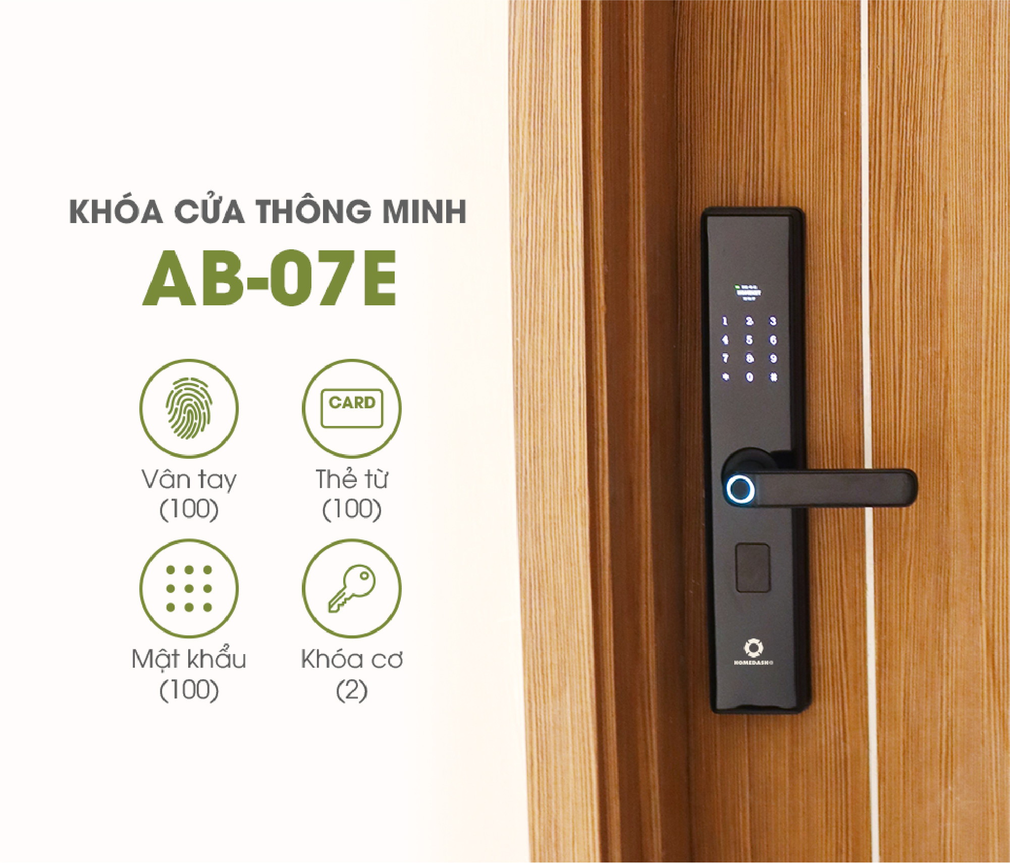 Khoá vân tay cửa gỗ 4 tính năng AB-07E HomeDash